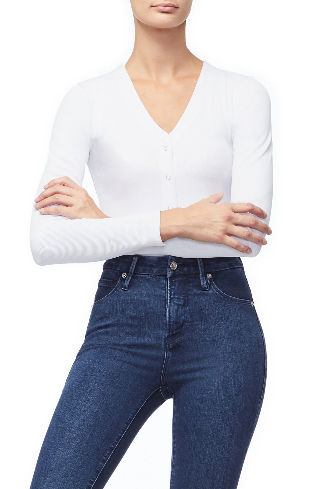 Good American The Ribbed Henley Bodysuit | Ivory001