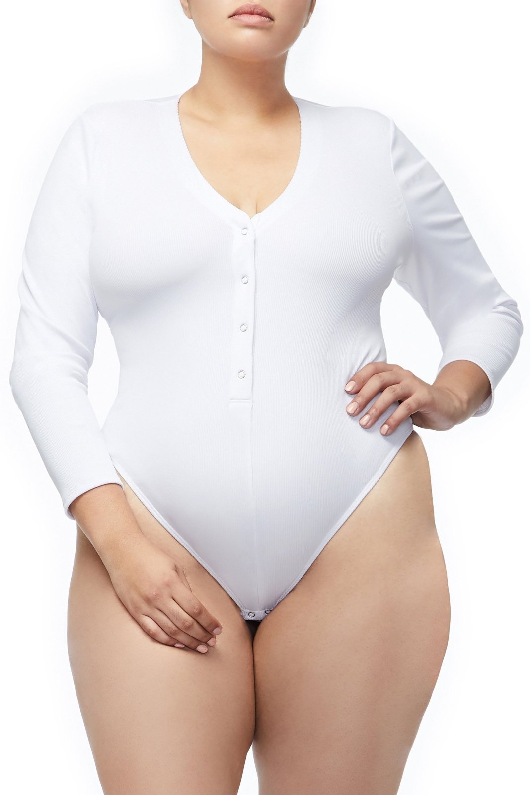 Good American The Ribbed Henley Bodysuit | Ivory001