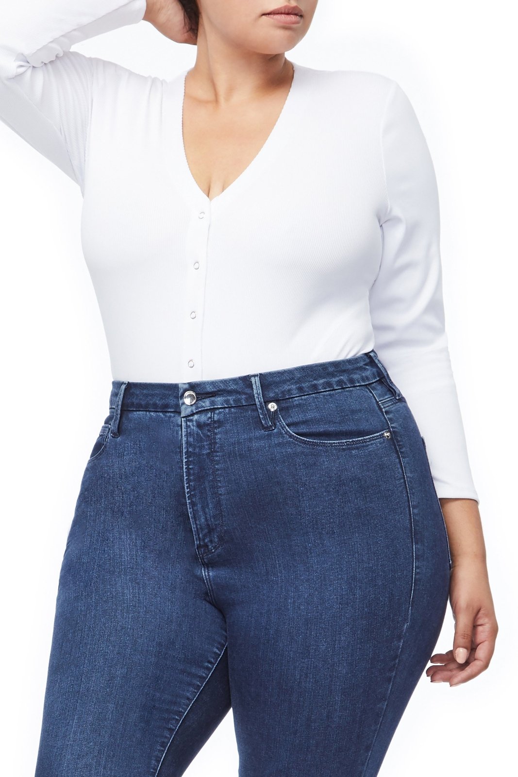 Good American The Ribbed Henley Bodysuit | Ivory001