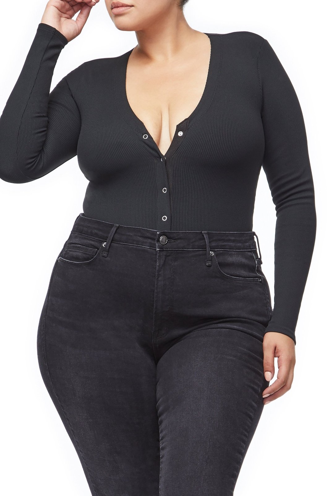 Good American The Ribbed Henley Bodysuit | Black001